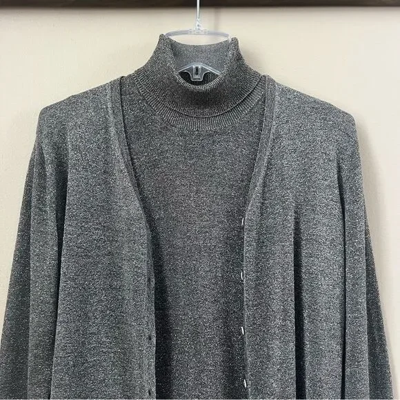August Silk Shimmering Metallic Silver Knit Cardigan & Turtleneck Twinset SZ L - Picture 4 of 15